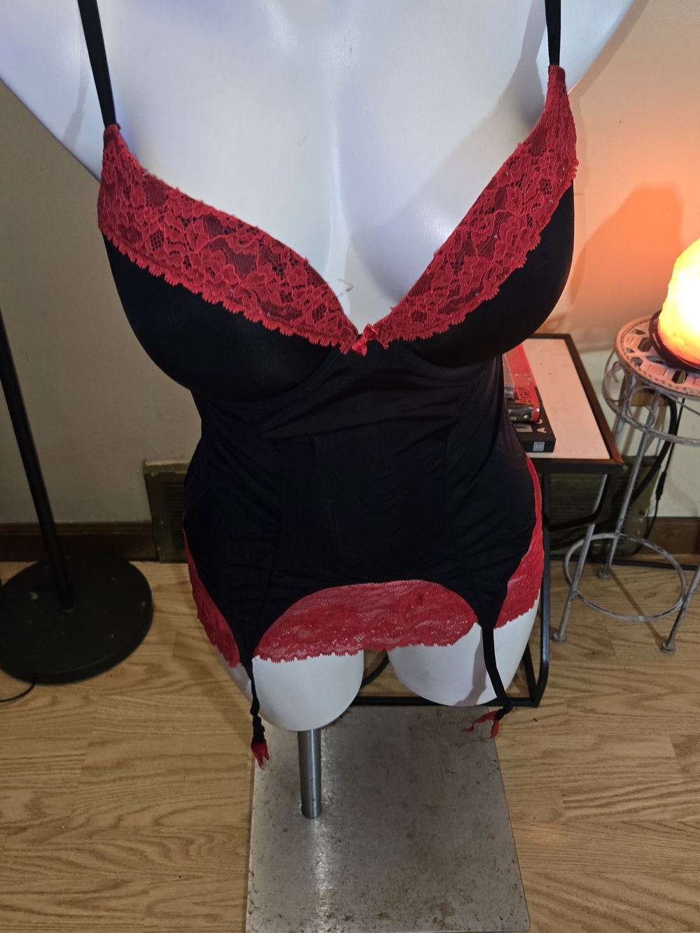 La SENZA Black Chemise with Red Lace Trim and Garter Straps